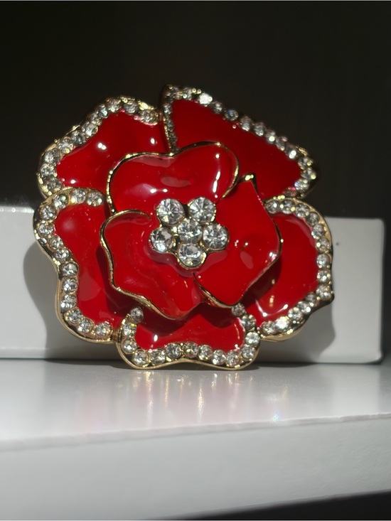 None Jewelry - Red Enamel Floral Brooch with Crystal Accents